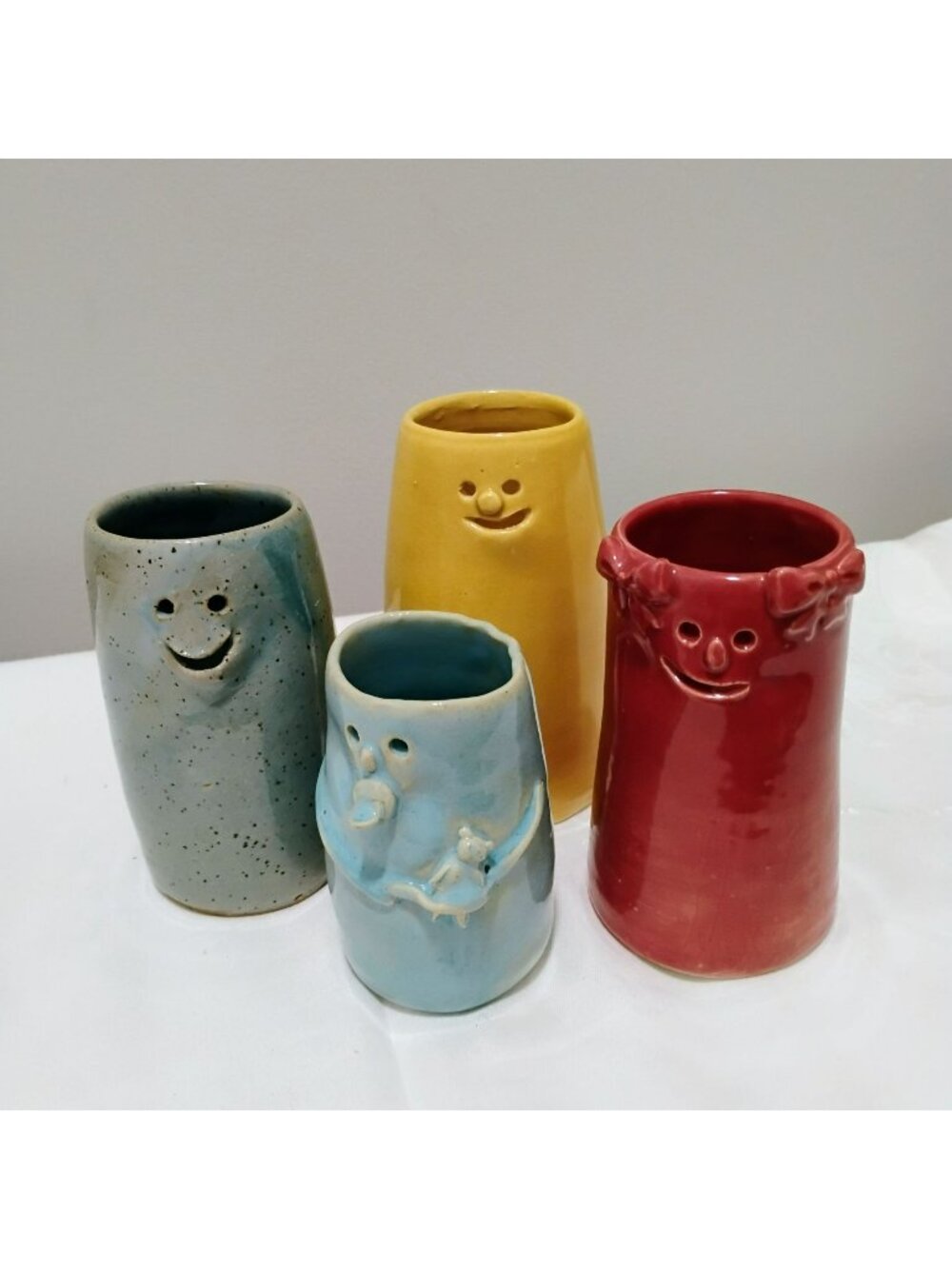 Set of 4 Vintage Studio Art Pottery Character Face Vases, Signed Whimsical Decor